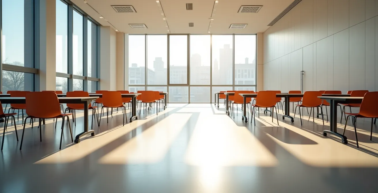 Salle de formation moderne avec espaces de travail modulables baignée de lumière naturelle