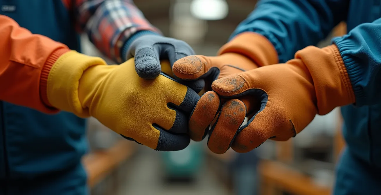 Mains d'ouvriers en gants de sécurité se joignant en signe de collaboration