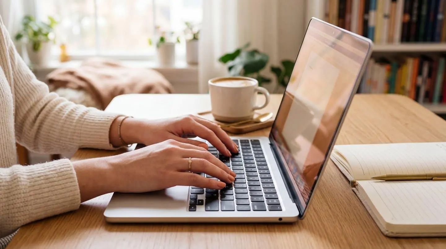 Mains féminines tapant sur un clavier d'ordinateur portable, tasse de café et carnet posés à côté sur un bureau épuré