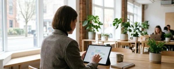 Une professionnelle consulte sa tablette dans un espace de coworking baigné de lumière naturelle, plantes vertes en arrière-plan