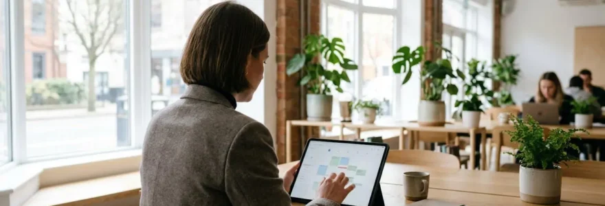 Une professionnelle consulte sa tablette dans un espace de coworking baigné de lumière naturelle, plantes vertes en arrière-plan