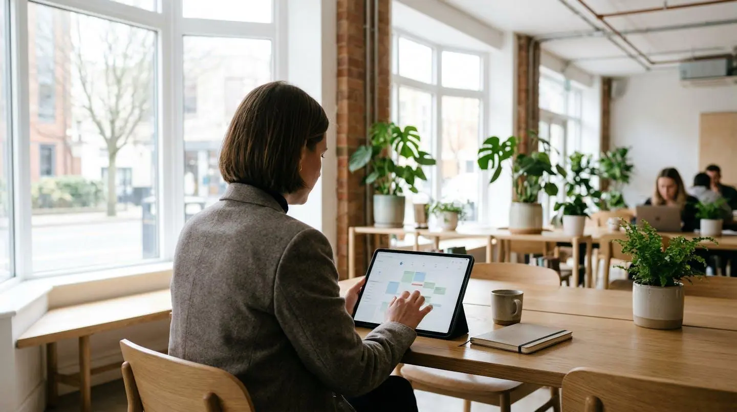Une professionnelle consulte sa tablette dans un espace de coworking baigné de lumière naturelle, plantes vertes en arrière-plan