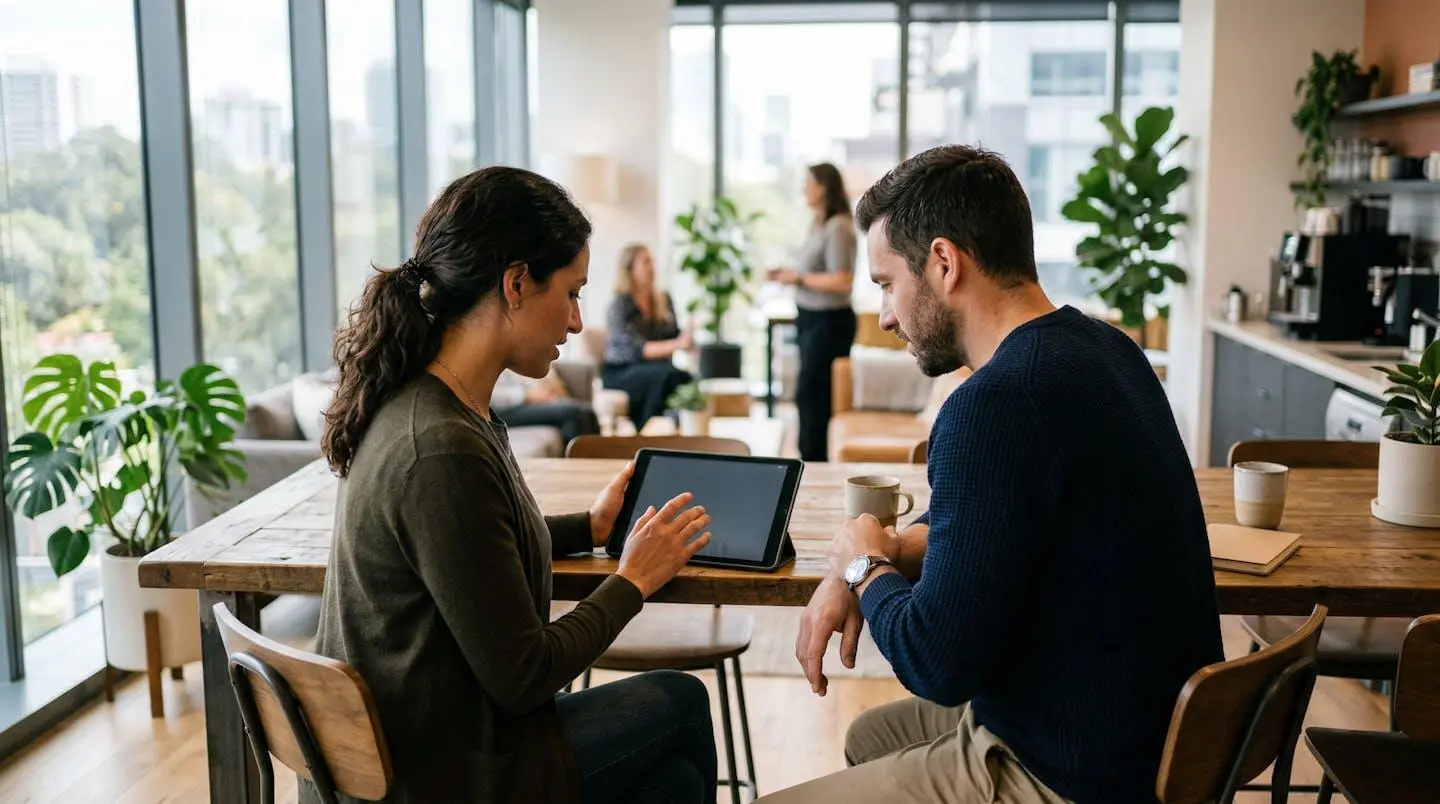 Deux professionnels échangent dans un espace détente d'entreprise, l'un montre quelque chose sur une tablette, cadrage de trois-quarts dos