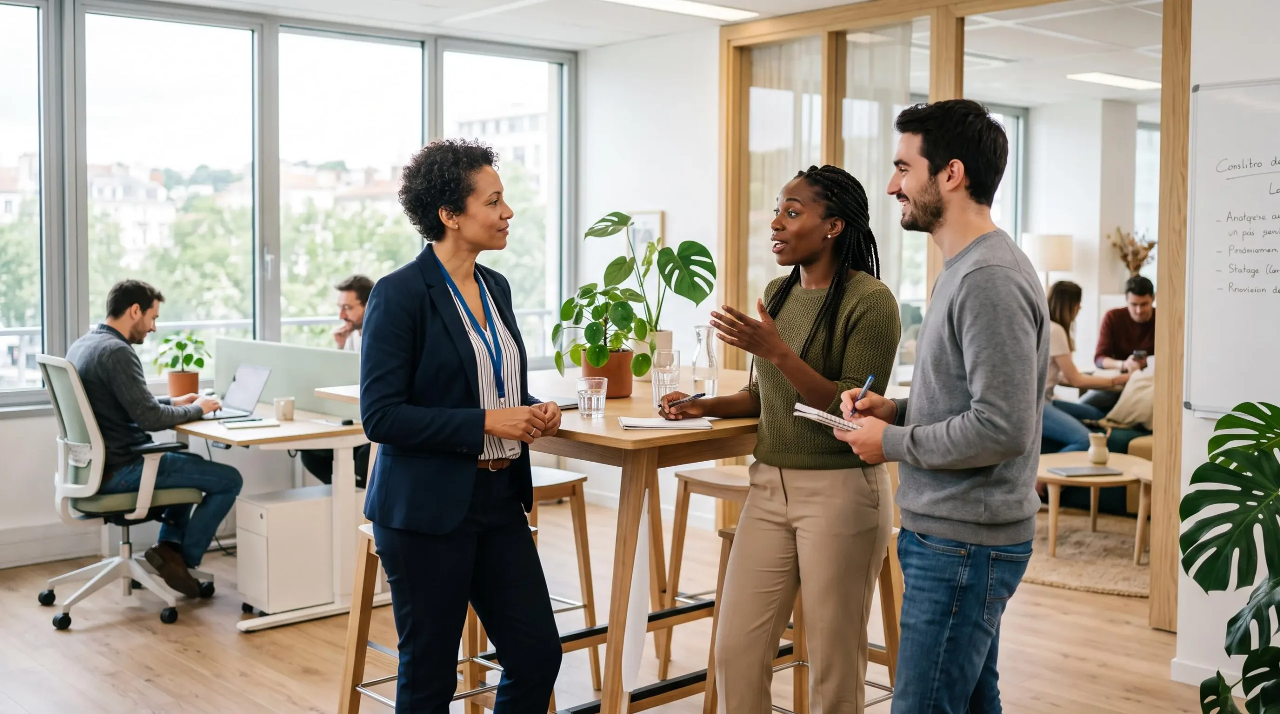 Consultant RH échangeant avec des employés sur la qualité de vie et les conditions de travail dans un environnement professionnel lumineux