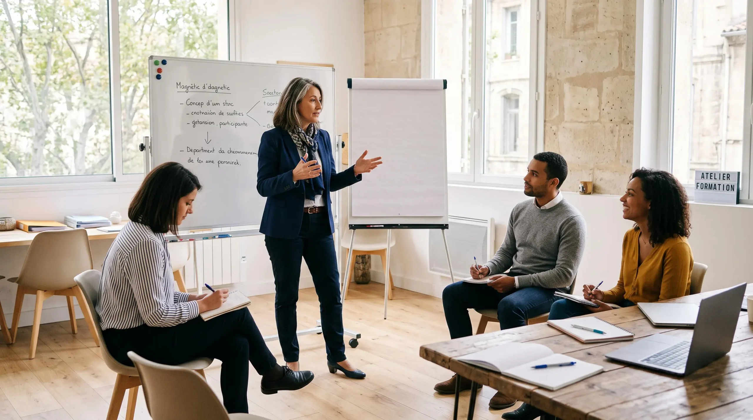 Formatrice RH animant un atelier de développement des compétences avec un groupe de collaborateurs