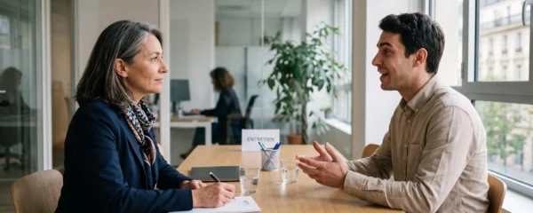 Recruteur RH menant un entretien professionnel avec un candidat dans un espace de réunion moderne