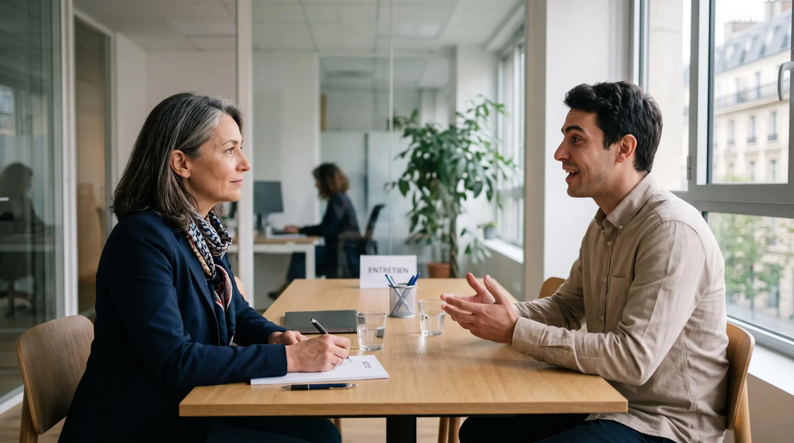 Recruteur RH menant un entretien professionnel avec un candidat dans un espace de réunion moderne